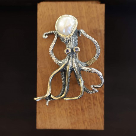 Silver and Gold Octopus Brooch with Pearl and Iolites